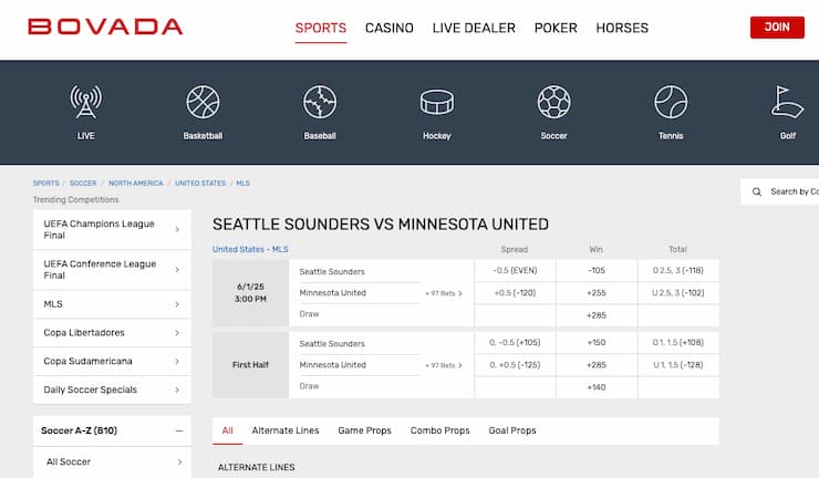 Odds display from Bovada, a major player among North Dakota online sportsbooks.